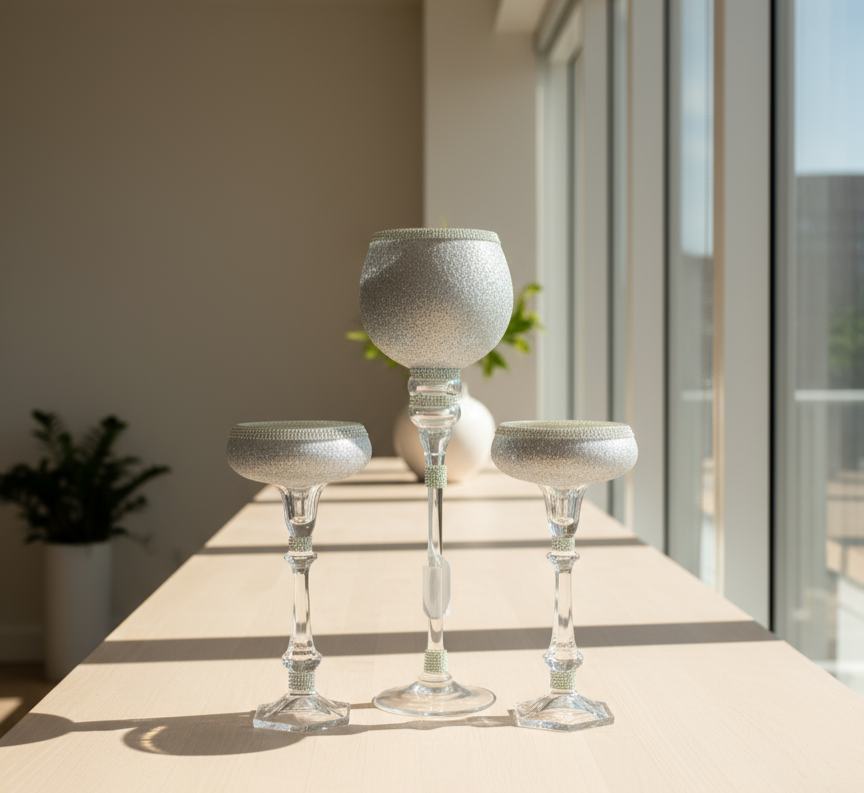 Set of three decorative glass vases on a table with a blurred indoor background