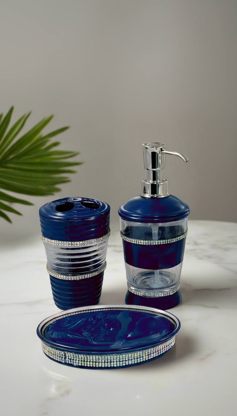 Bathroom accessory set with blue and clear design on a white surface