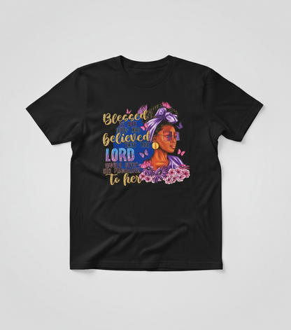 Black t-shirt with colorful graphic and text on a light gray background