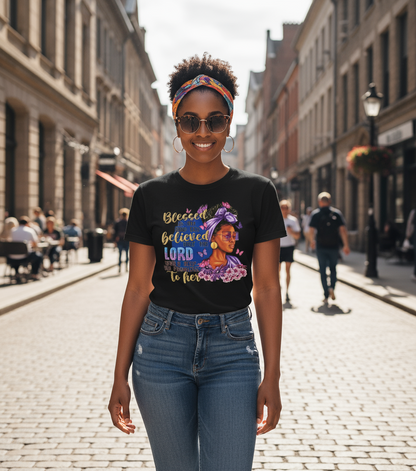 Black t-shirt with colorful graphic and text on a light gray background