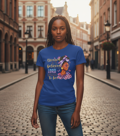 Blue t-shirt with a graphic of a woman with flowers and text on a gray background