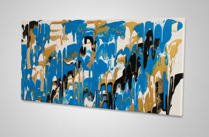 Abstract art piece with blue, gold, and black colors on a gray background