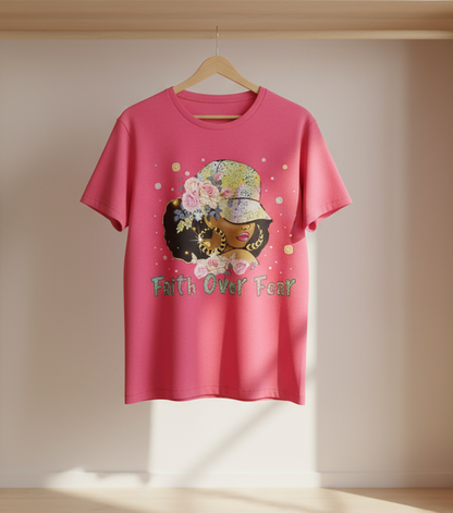 Pink t-shirt with a graphic design on a wooden hanger against a wooden wardrobe background