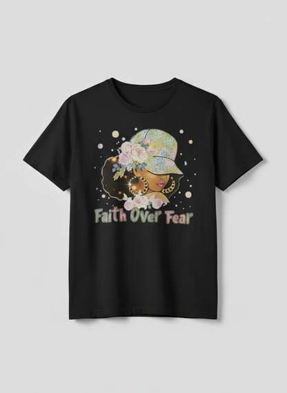 Black t-shirt with a graphic of a woman with flowers in her hair and 'Faith Over Fear' text on a gray background