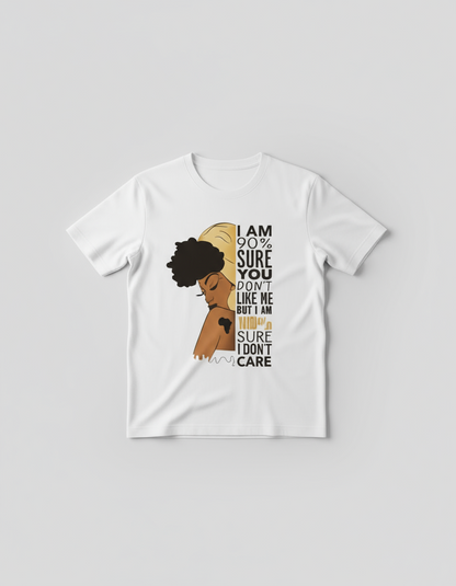 White t-shirt with a graphic of a woman's head and text on a gray background