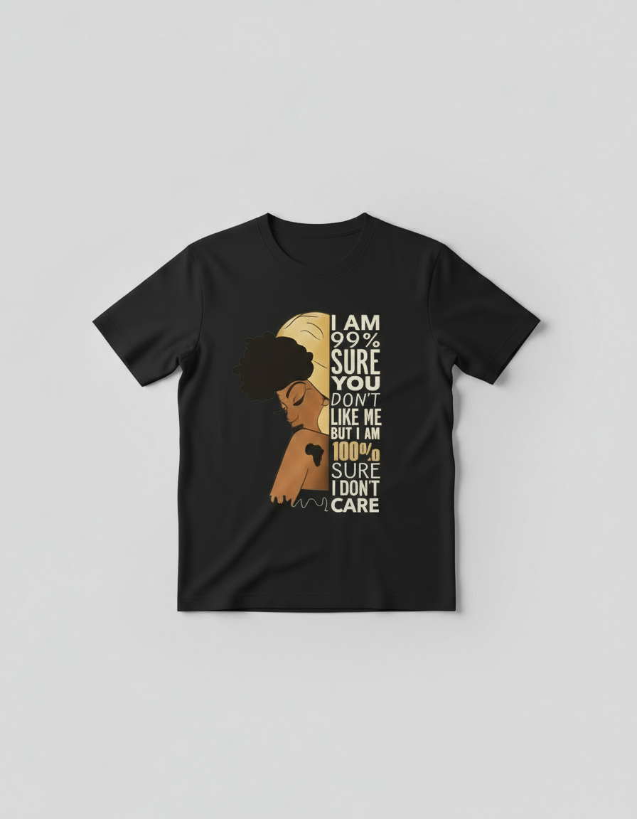 Black t-shirt with a graphic design and text on a gray background