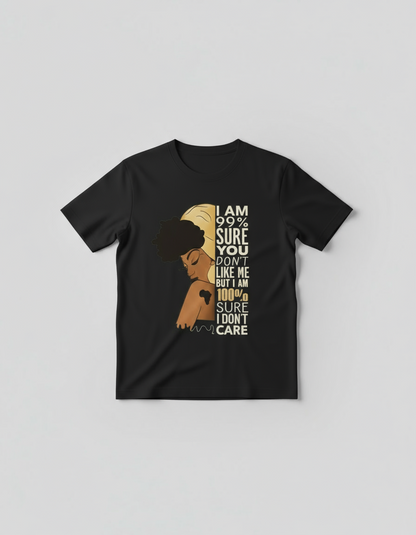 Black t-shirt with a graphic design and text on a gray background