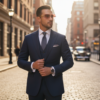 Man in a dark blue suit walking down a city street.