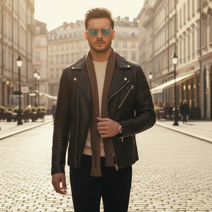 Man wearing a black leather jacket and sunglasses on a city street